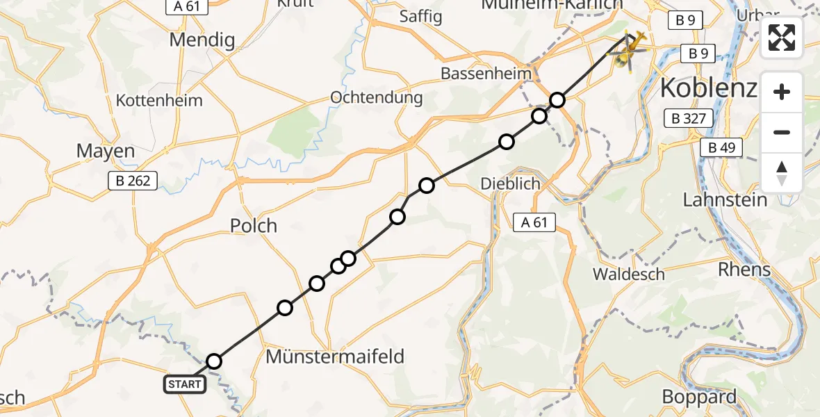 Flugroute Rettungshubschrauber Roes - Koblenz, 15 Juni 2026, 07:37