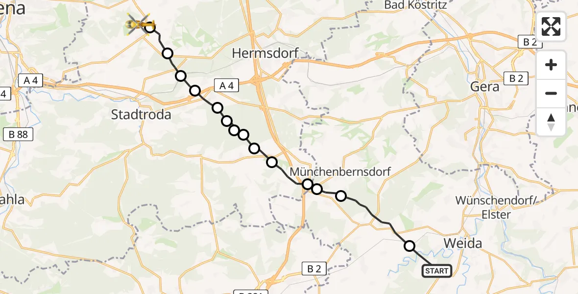 Flugroute Rettungshubschrauber Weida - Schöngleina, 15 Juni 2026, 07:38