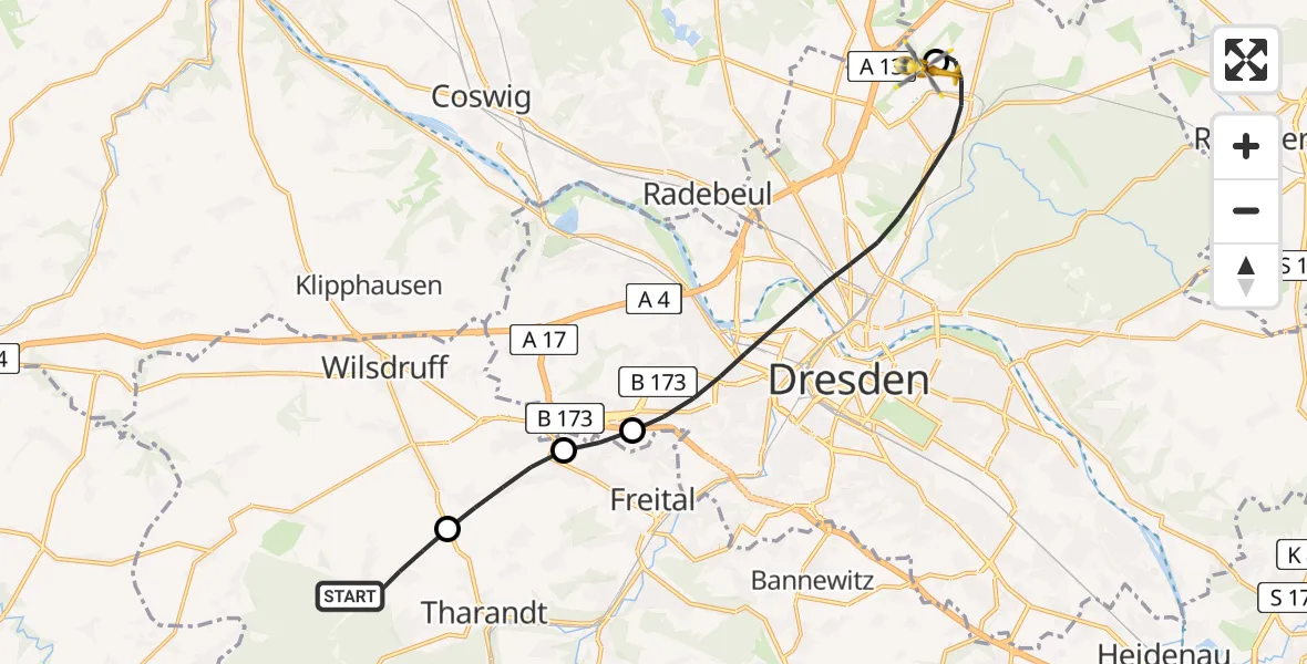 Flugroute Rettungshubschrauber Tharandt - Dresden Bundespolizei Hubschrauberlandeplatz, 15 Juni 2026, 07:45