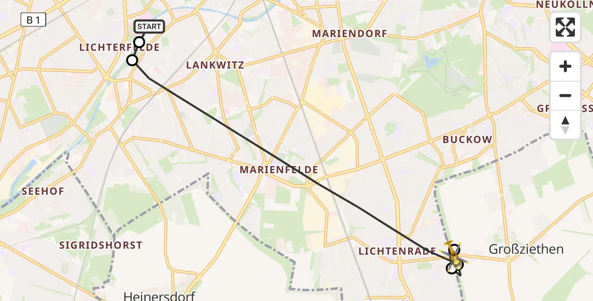 Flugroute Rettungshubschrauber Charité Clinic Benjamin Franklin Campus - Schönefeld, 15 Juni 2026, 07:45
