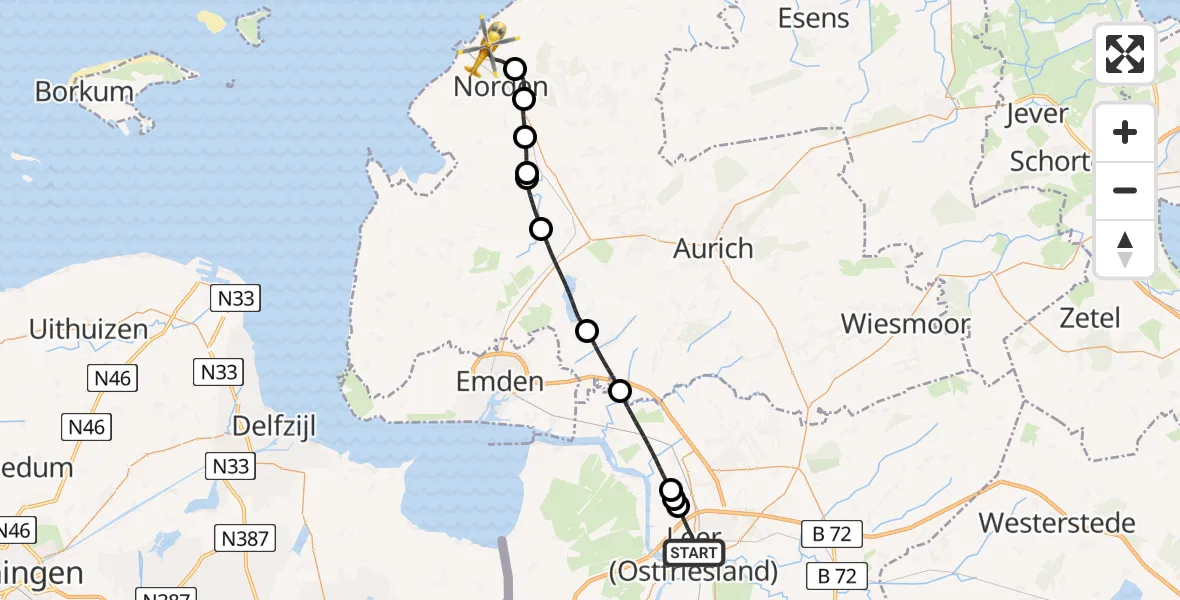 Flugroute Ambulanzhubschrauber Leer (Ostfriesland) - Norden, 15 Juni 2026, 07:49