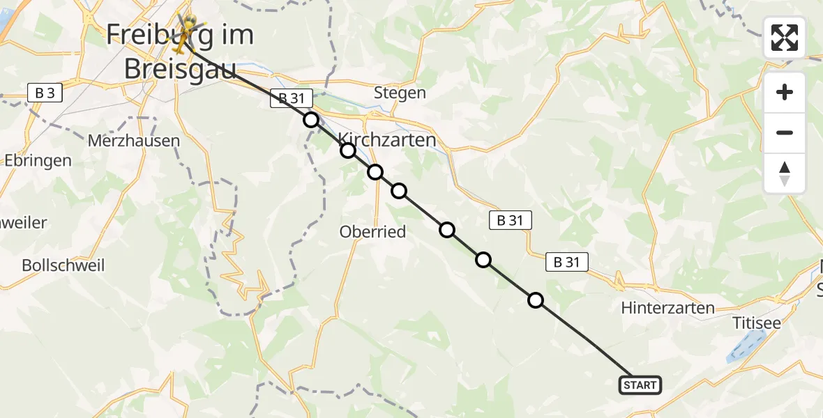 Flugroute Ambulanzhubschrauber Hinterzarten - Freiburg im Breisgau, 15 Juni 2026, 07:54