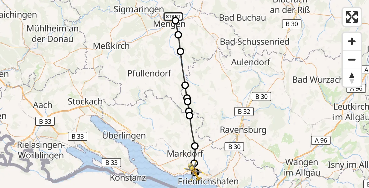Flugroute Rettungshubschrauber Mengen - Friedrichshafen Hospital, 15 Juni 2026, 07:58