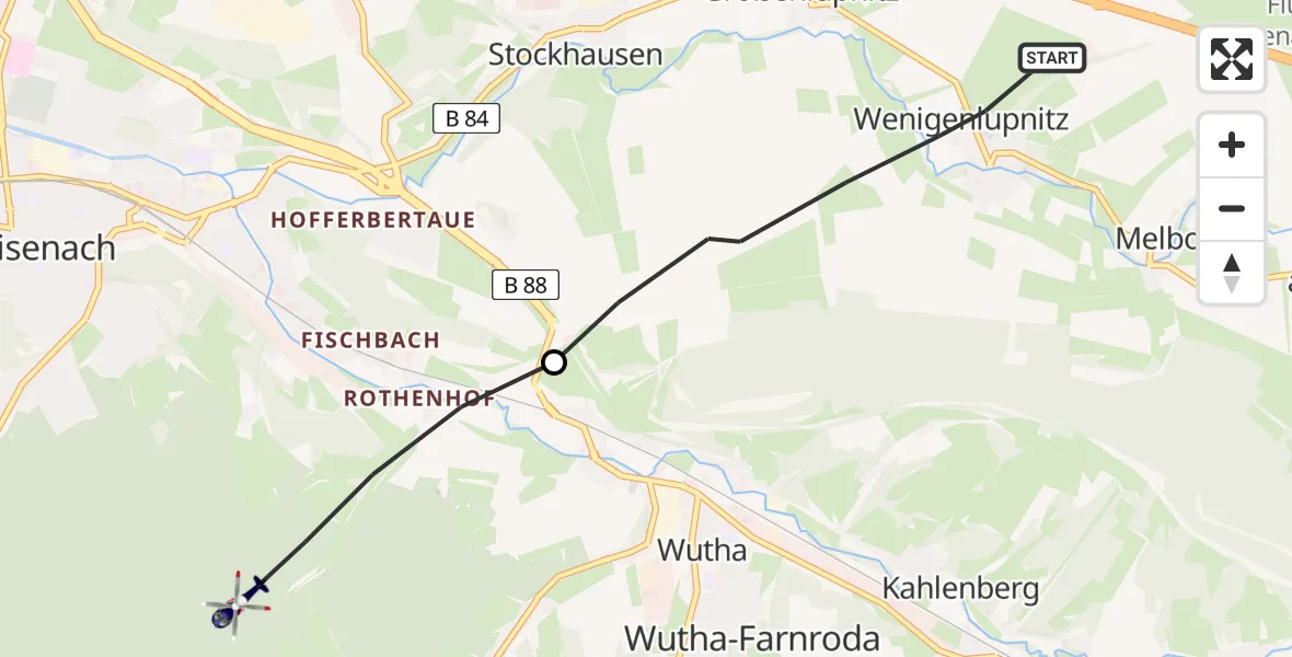Flugroute Polizeihubschrauber Hörselberg-Hainich - Wutha-Farnroda, 15 Juni 2026, 07:59