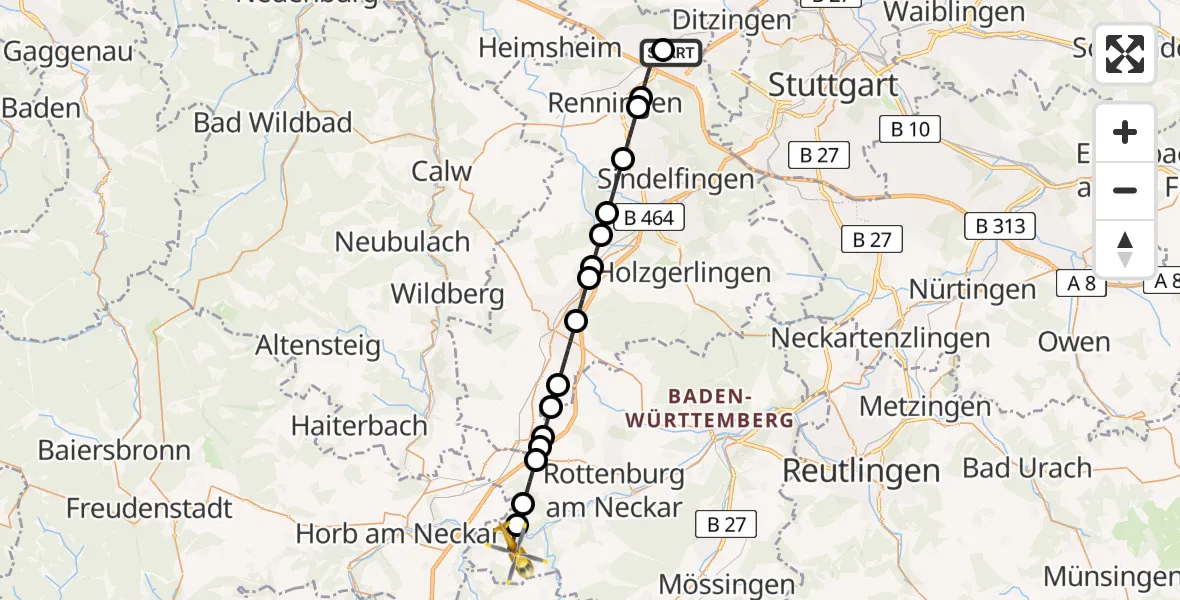 Flugroute Rettungshubschrauber Leonberg Hospital - Starzach, 15 Juni 2026, 08:03