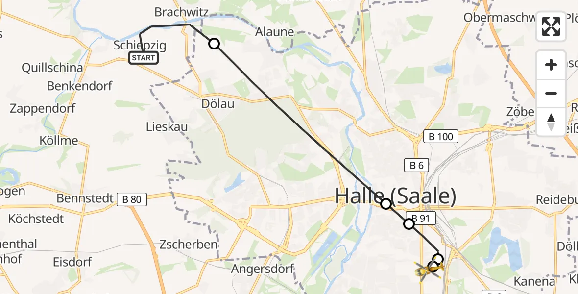 Flugroute Rettungshubschrauber Salzatal - BG Hospital Bergmannstrost Halle, 15 Juni 2026, 08:03