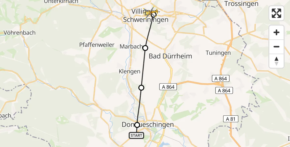 Flugroute Ambulanzhubschrauber Hüfingen - DRF Air Rescue Station Villingen-Schwenningen Hubschrauberlandeplatz (Christoph 11), 15 Juni 2026, 08:09