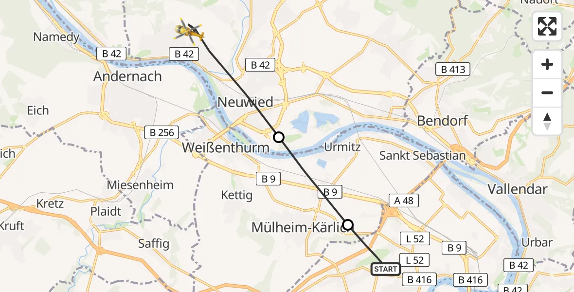 Flugroute Rettungshubschrauber Koblenz - Neuwied, 15 Juni 2026, 08:09