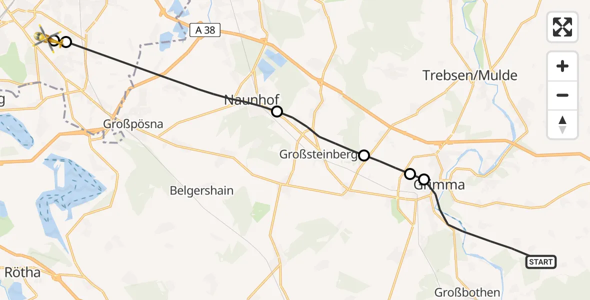 Flugroute Rettungshubschrauber Grimma - Leipzig Heart Center Ground Hubschrauberlandeplatz, 15 Juni 2026, 08:12