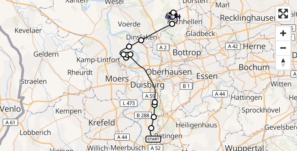Flugroute Polizeihubschrauber Düsseldorf Flughafen - Bottrop, 15 Juni 2026, 08:13