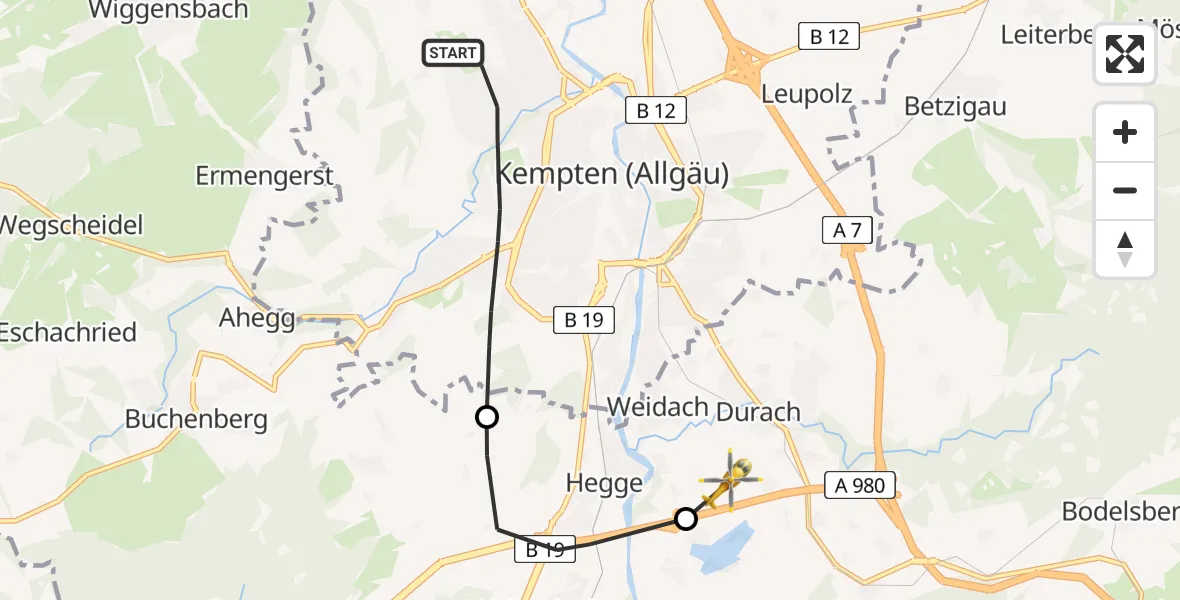 Flugroute Rettungshubschrauber Kempten (Allgäu) - Kempten-Durach Flugplatz, 15 Juni 2026, 08:15