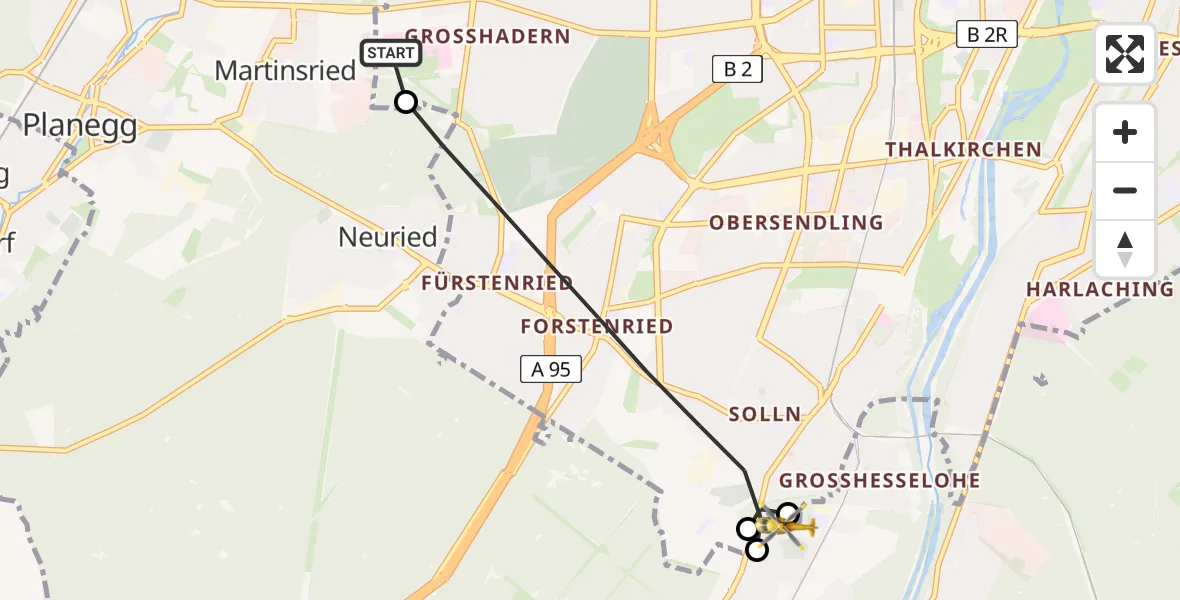 Flugroute Rettungshubschrauber DRF Air Rescue München Hubschrauberlandeplatz - Pullach i.Isartal, 15 Juni 2026, 08:15