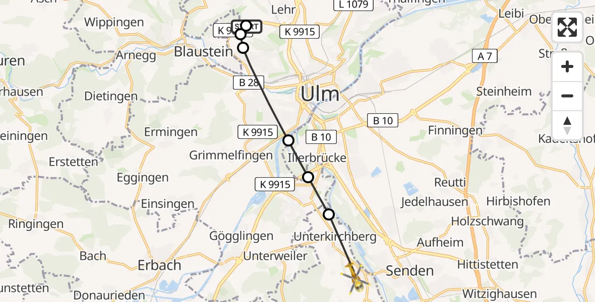 Flugroute Rettungshubschrauber Ulm Military Hospital Emergency - Illerkirchberg, 15 Juni 2026, 08:16