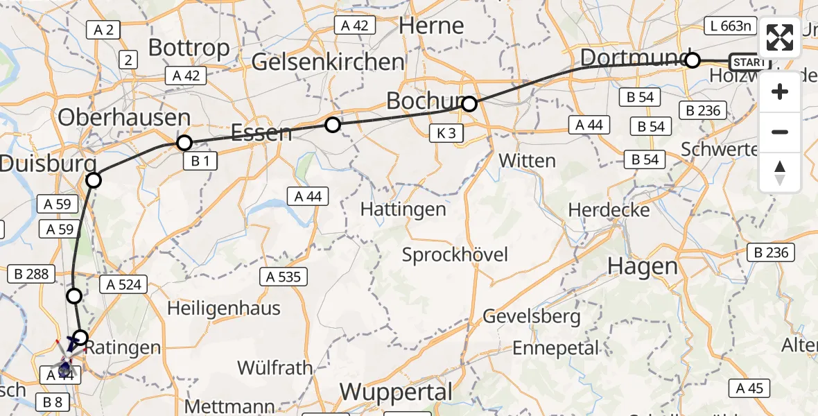 Flugroute Polizeihubschrauber Dortmund Flughafen - Düsseldorf Flughafen, 15 Juni 2026, 08:18