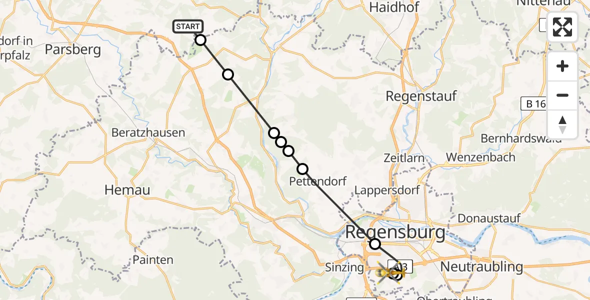 Flugroute Rettungshubschrauber Hohenfels - DRF Air Rescue Station Regensburg / Regensburg University Hospital, 15 Juni 2026, 08:20