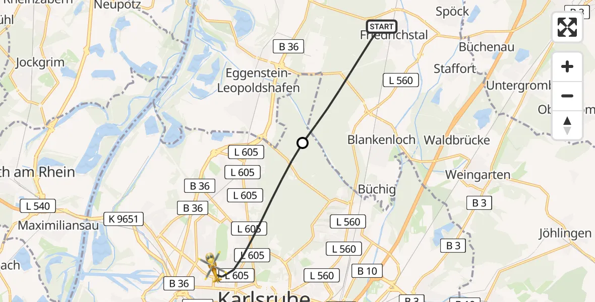 Flugroute Rettungshubschrauber Stutensee - Karlsruhe, 15 Juni 2026, 08:20