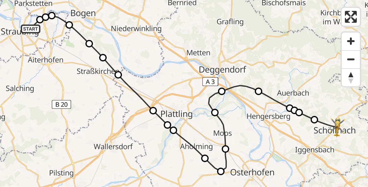 Flugroute Rettungshubschrauber Sankt Elisabeth Hospital Straubing - Schöllnach, 15 Juni 2026, 08:26