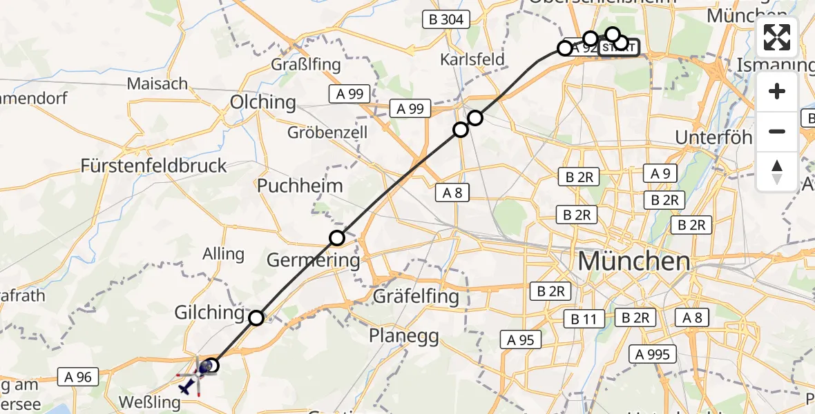 Flugroute Polizeihubschrauber Oberschleißheim - Oberpfaffenhofen Flughafen, 15 Juni 2026, 08:29