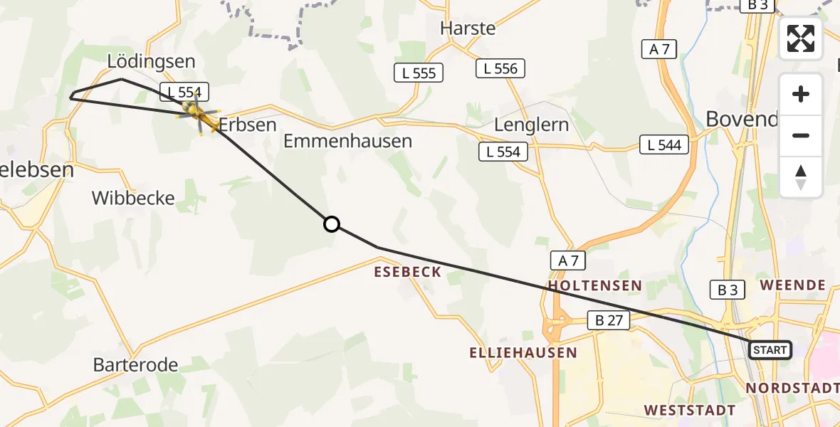 Flugroute Rettungshubschrauber Göttingen - Adelebsen, 15 Juni 2026, 08:35