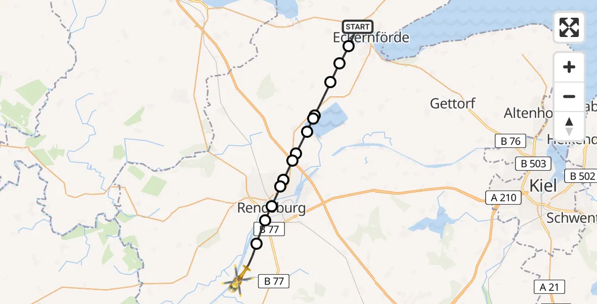 Flugroute Ambulanzhubschrauber Eckernförde - Schülp b.Rendsburg, 15 Juni 2026, 08:39