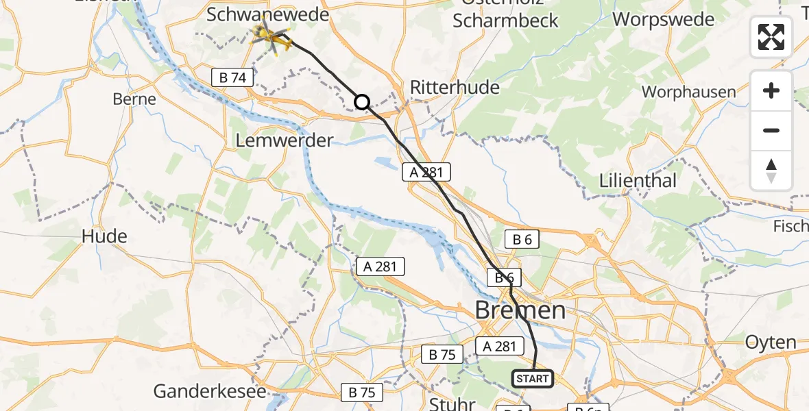 Flugroute Rettungshubschrauber Bremen - Schwanewede, 15 Juni 2026, 08:41