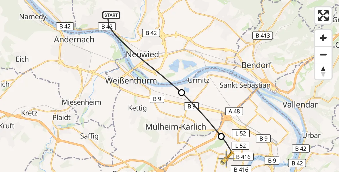 Flugroute Rettungshubschrauber Neuwied - Koblenz, 15 Juni 2026, 08:44