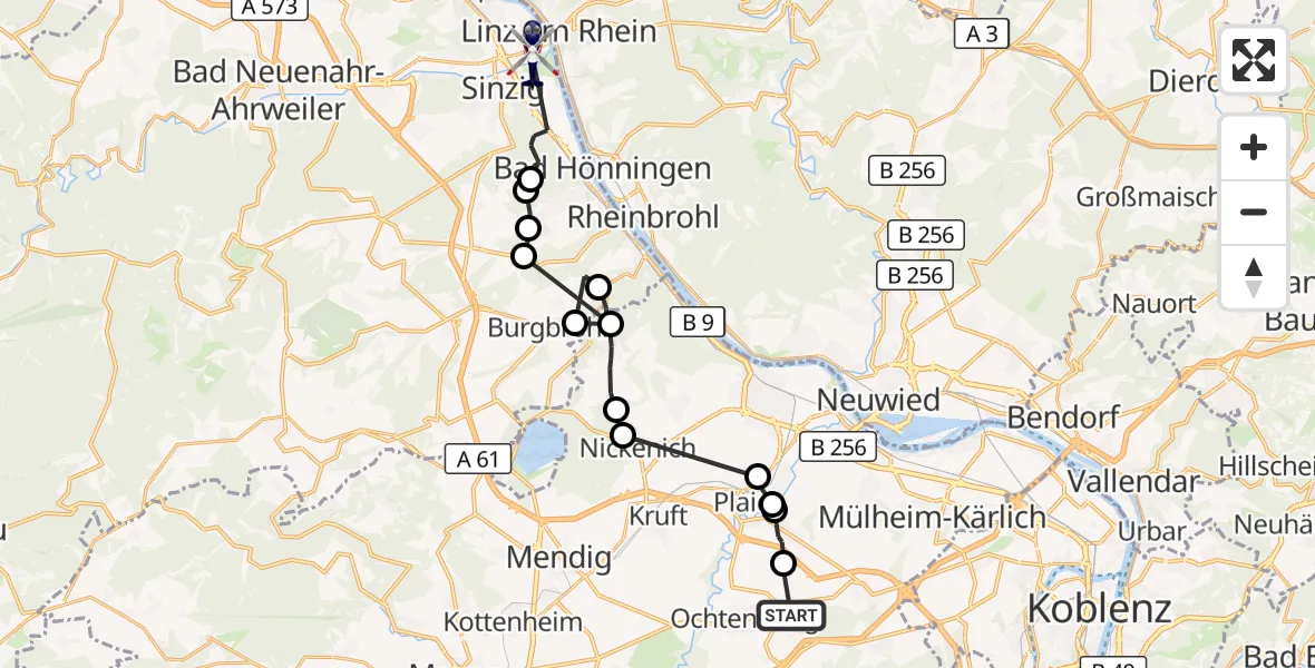 Flugroute Polizeihubschrauber Ochtendung - Sinzig, 15 Juni 2026, 08:45