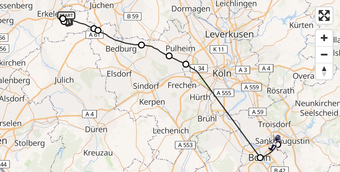 Flugroute Polizeihubschrauber Erkelenz - Bonn-Hangelar Flugplatz, 15 Juni 2026, 08:46