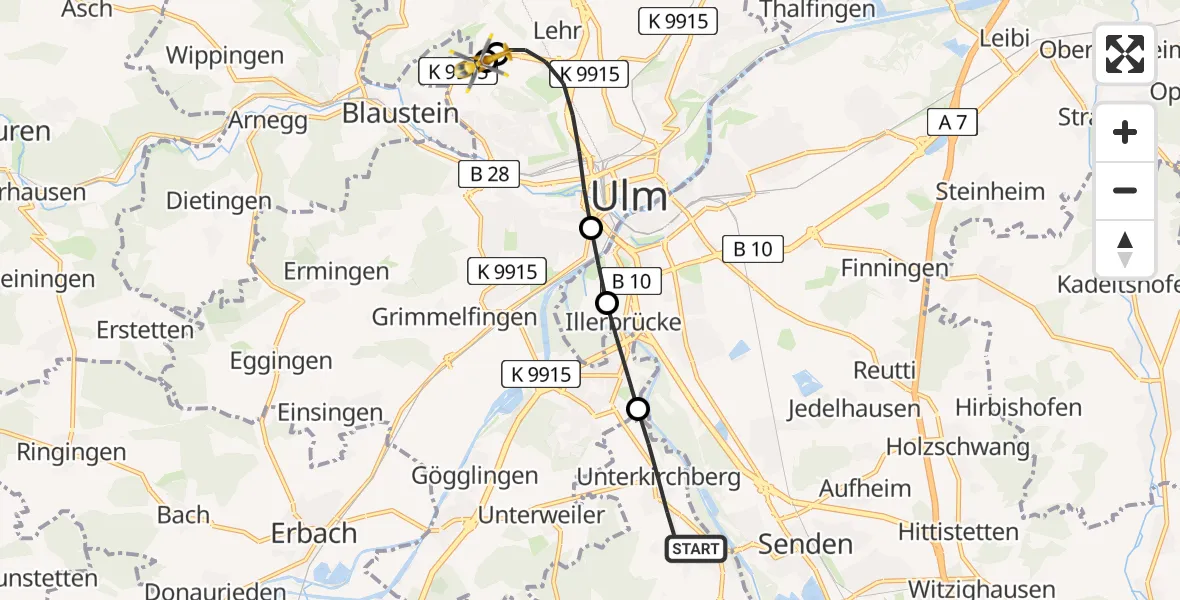 Flugroute Rettungshubschrauber Illerkirchberg - ADAC Air Rescue Station Ulm (Christoph 22), 15 Juni 2026, 08:46