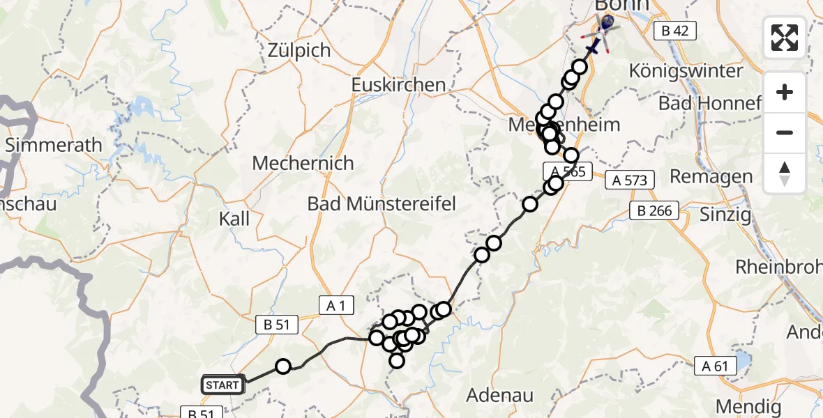 Flugroute Polizeihubschrauber Dahlem - Bonn, 15 Juni 2026, 08:50