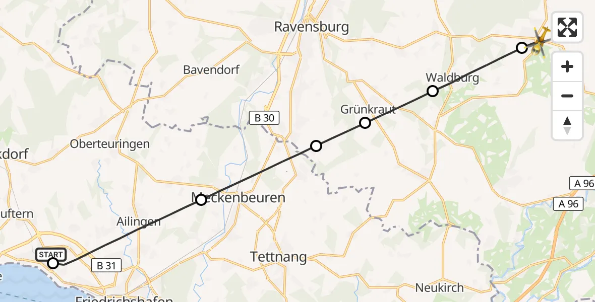 Flugroute Rettungshubschrauber Friedrichshafen Hospital - Vogt, 15 Juni 2026, 08:51