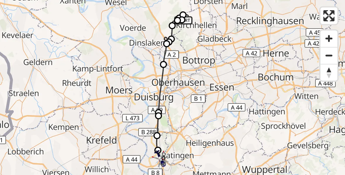 Flugroute Polizeihubschrauber Bottrop - Düsseldorf Flughafen, 15 Juni 2026, 08:52
