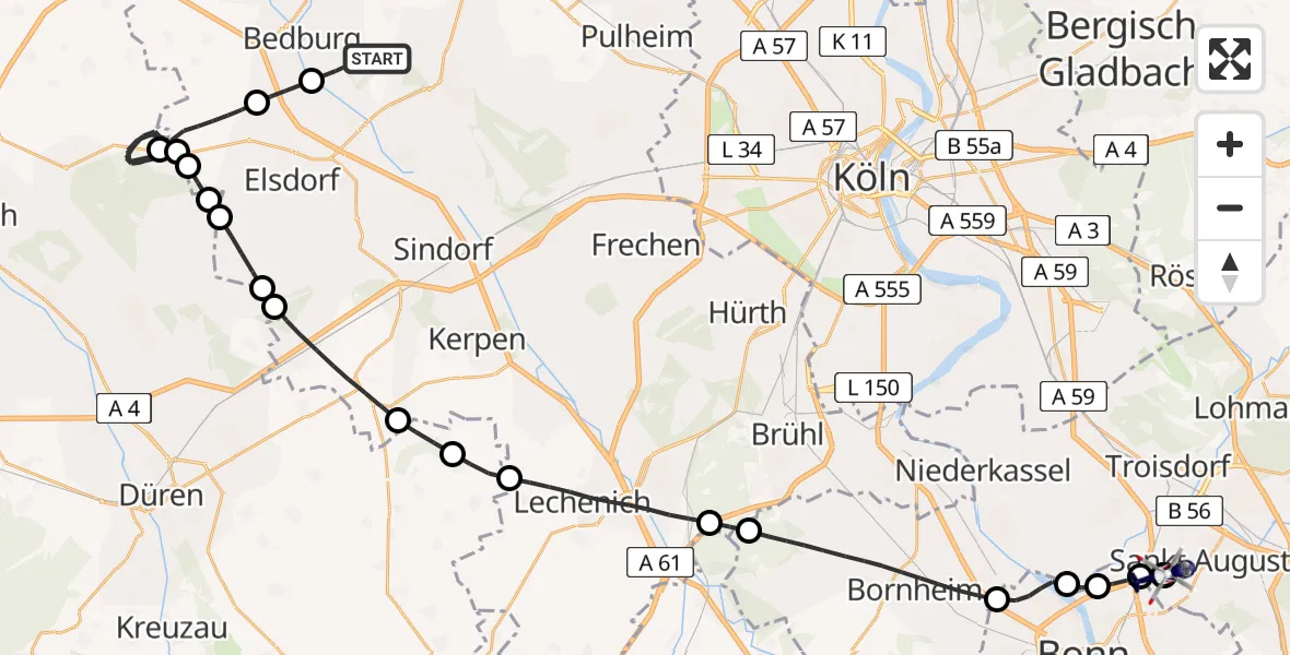 Flugroute Polizeihubschrauber Bergheim - Sankt Augustin, 15 Juni 2026, 08:57