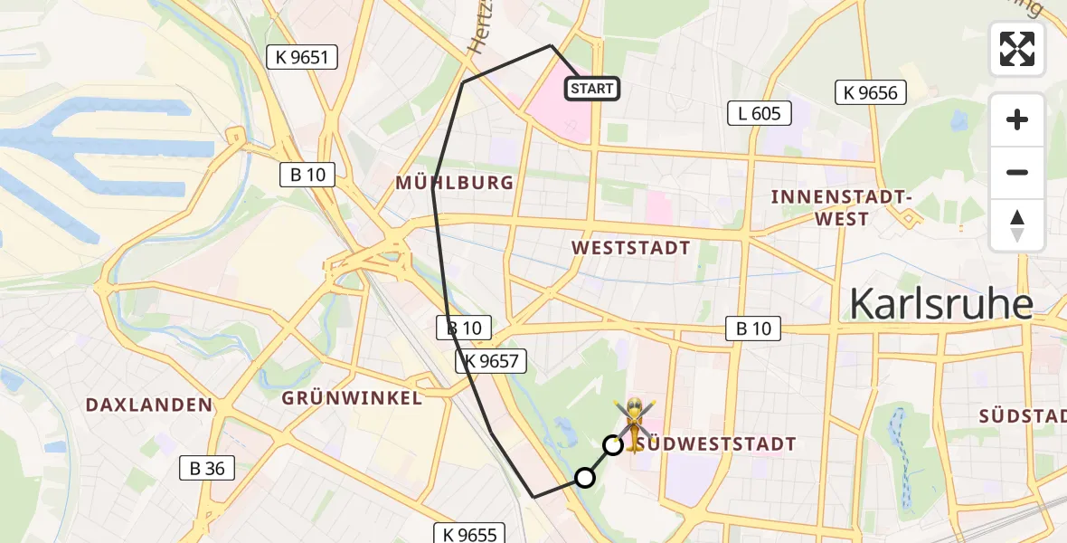 Flugroute Rettungshubschrauber Karlsruhe - Sankt Vincentius Hospital, 15 Juni 2026, 08:57