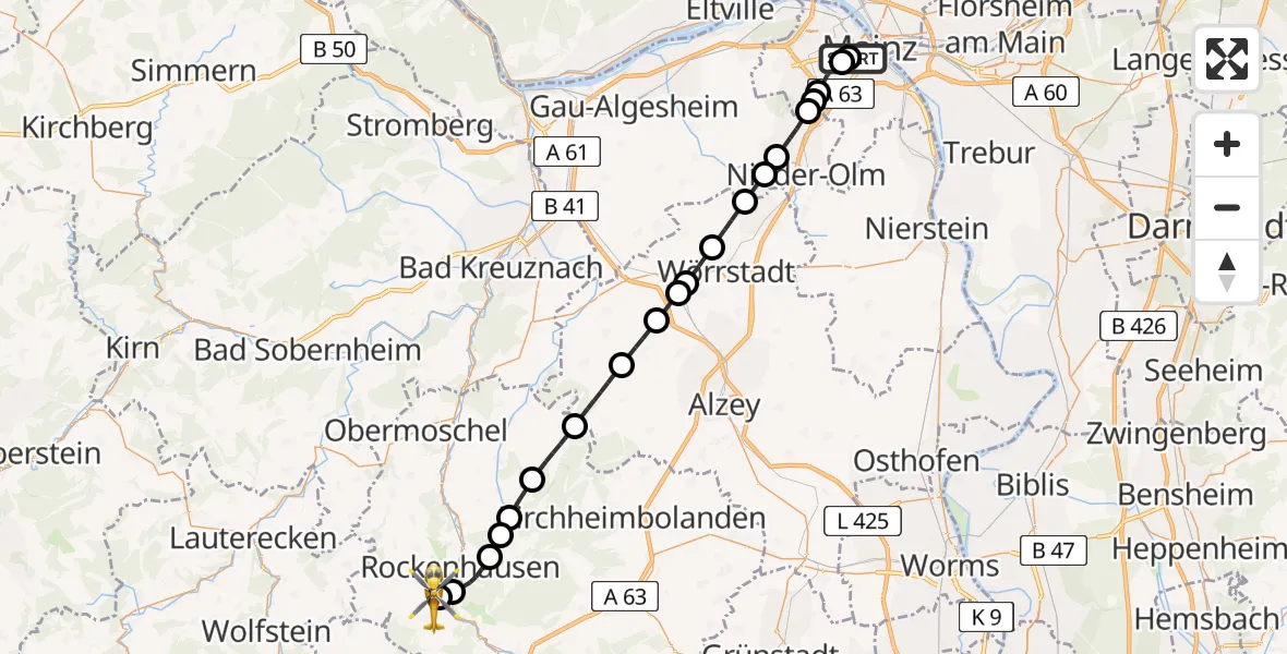 Flugroute Rettungshubschrauber Mainz University Hospital - Imsweiler UL, 15 Juni 2026, 08:57