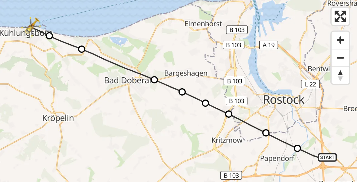Flugroute Ambulanzhubschrauber Dummerstorf - Kühlungsborn, 15 Juni 2026, 08:59