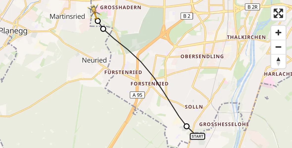 Flugroute Rettungshubschrauber Pullach i.Isartal - DRF Air Rescue München Hubschrauberlandeplatz, 15 Juni 2026, 09:00