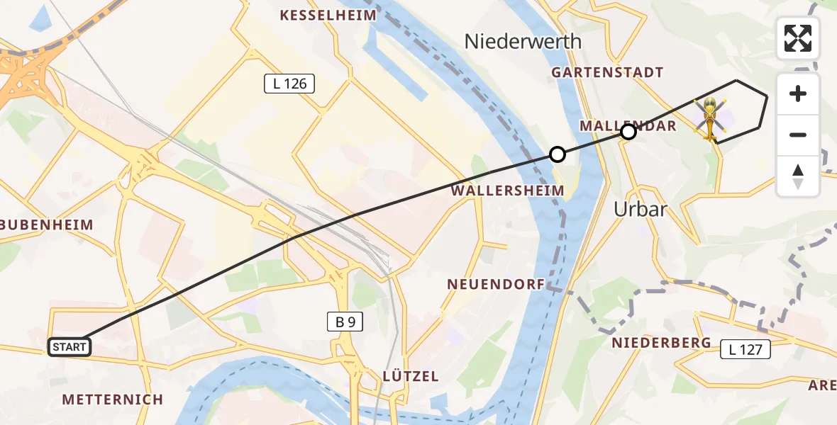 Flugroute Rettungshubschrauber Koblenz - Vallendar, 15 Juni 2026, 09:01