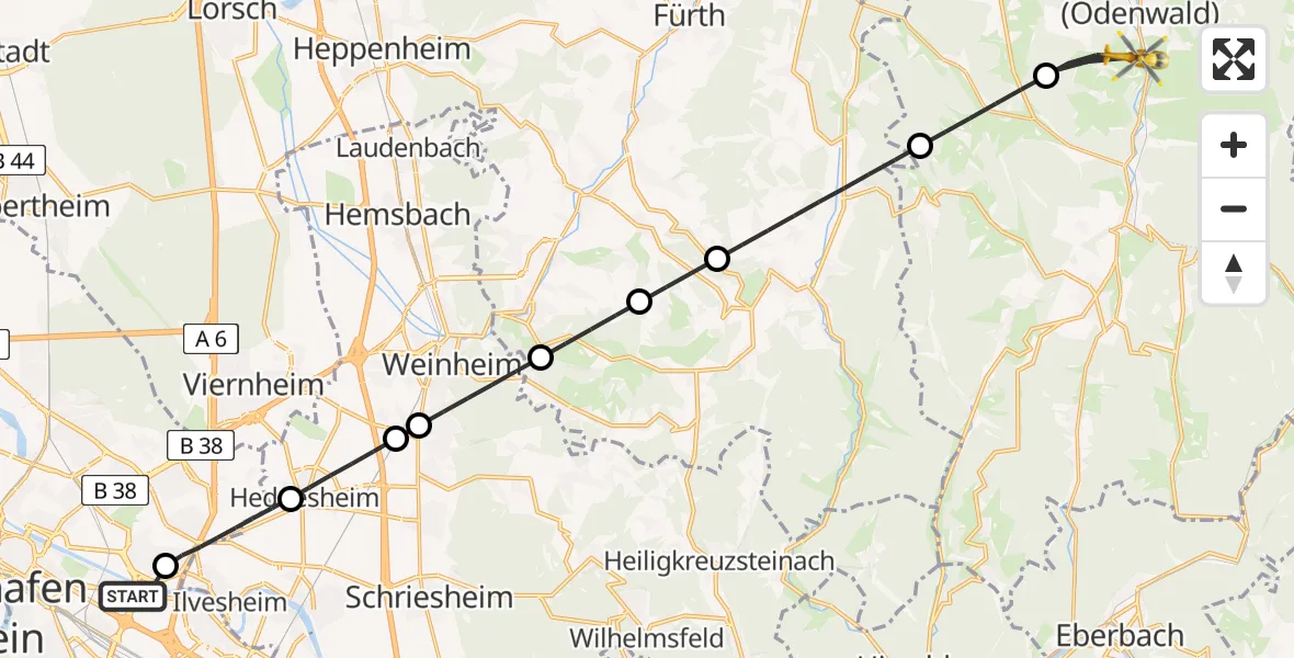 Flugroute Rettungshubschrauber Mannheim-City Flughafen - Erbach, 15 Juni 2026, 09:06