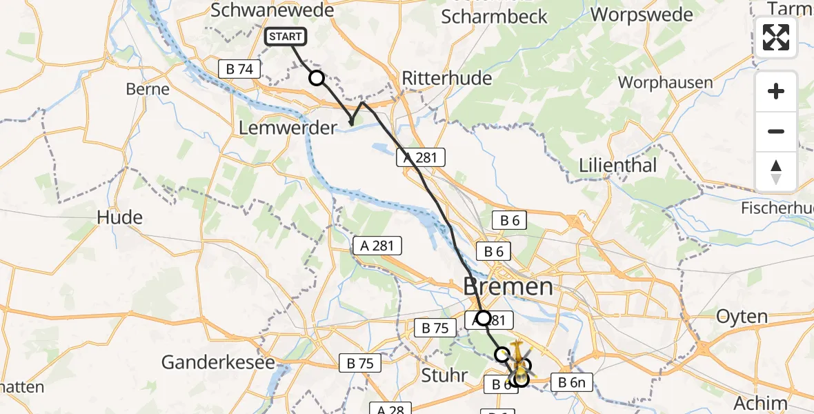 Flugroute Rettungshubschrauber Schwanewede - ADAC Air Rescue Station Bremen Hubschrauberlandeplatz (Christoph 6), 15 Juni 2026, 09:14