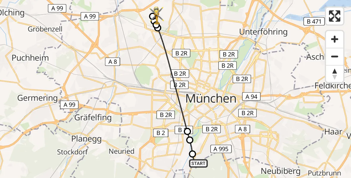 Flugroute Rettungshubschrauber ADAC Air Rescue Center Hubschrauberlandeplatz (Christoph 1) - München, 15 Juni 2026, 09:15