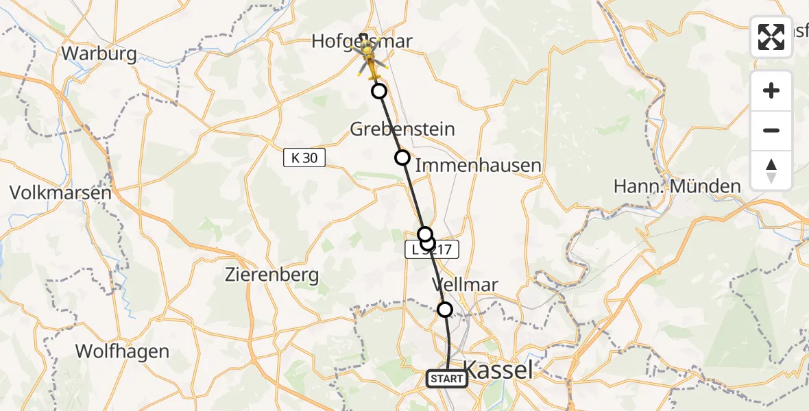 Flugroute Rettungshubschrauber Kassel - Hofgeismar, 15 Juni 2026, 09:16