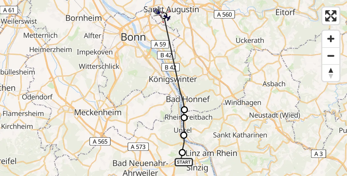 Flugroute Polizeihubschrauber Sinzig - Bonn-Hangelar Flugplatz, 15 Juni 2026, 09:23
