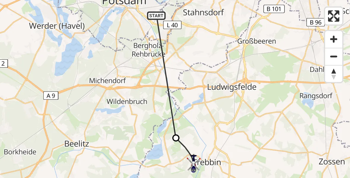 Flugroute Polizeihubschrauber Potsdam - Trebbin, 15 Juni 2026, 09:23
