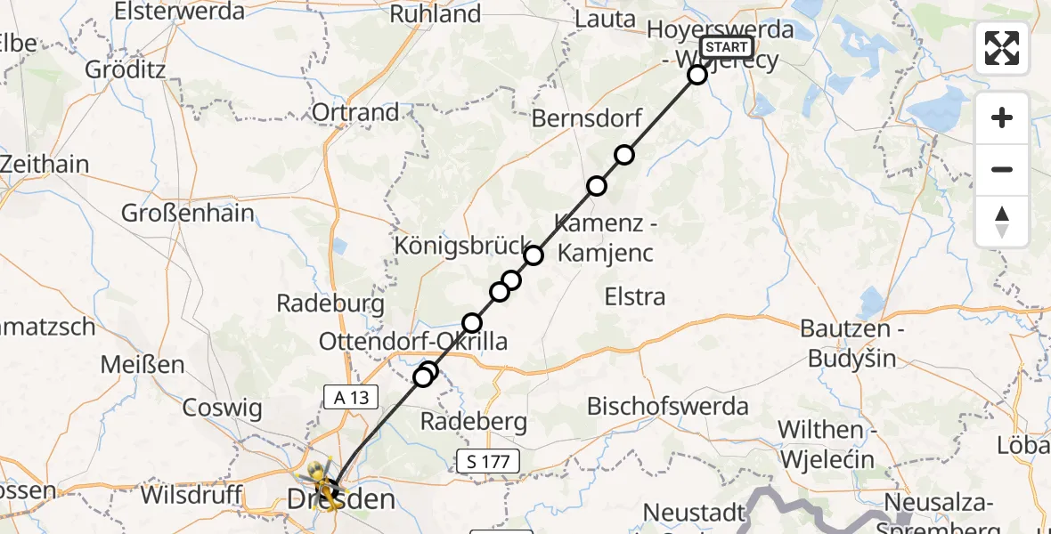 Flugroute Rettungshubschrauber Hoyerswerda - Dresden Friedrichstadt Hospital, 15 Juni 2026, 09:36