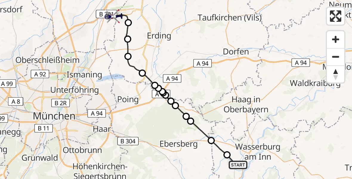 Flugroute Polizeihubschrauber Edling - München Flughafen, 15 Juni 2026, 09:45