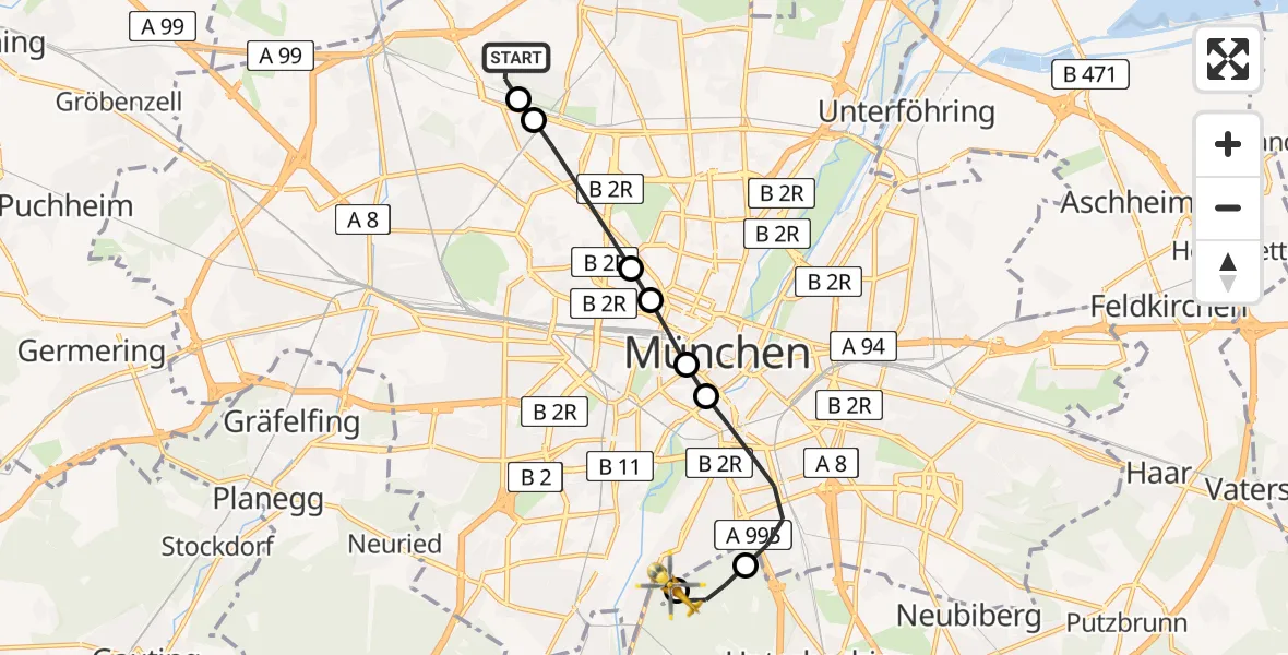Flugroute Rettungshubschrauber München - ADAC Air Rescue Center Hubschrauberlandeplatz (Christoph 1), 15 Juni 2026, 09:46