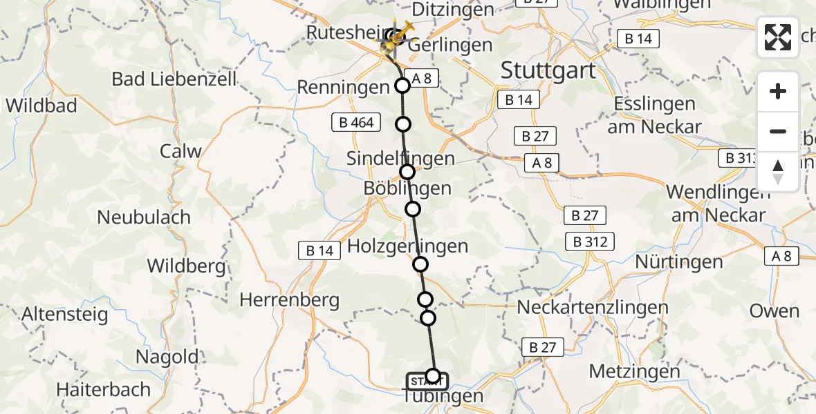 Flugroute Rettungshubschrauber Tübingen Trauma Hospital - Leonberg Hospital, 15 Juni 2026, 09:46