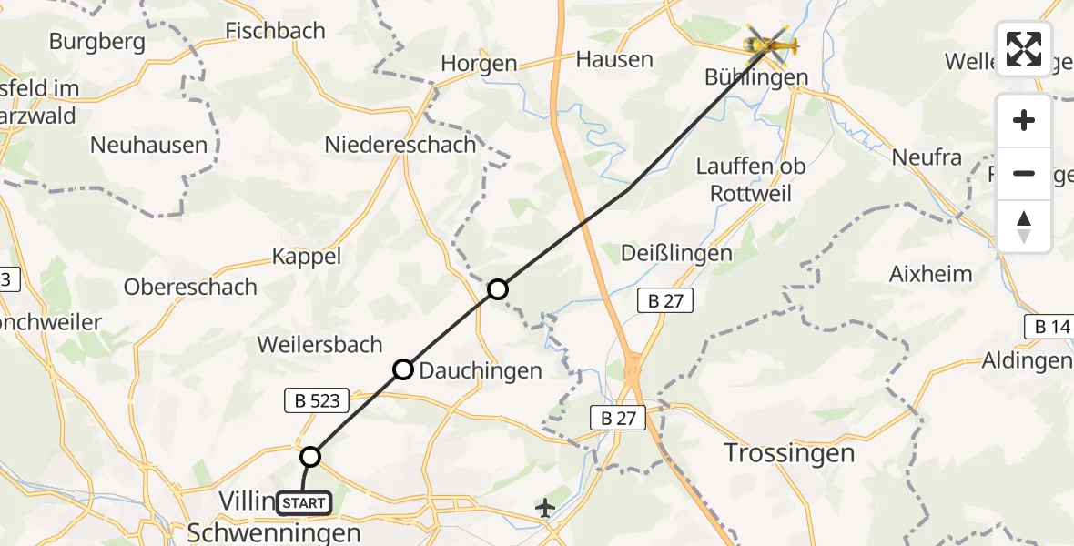 Flugroute Ambulanzhubschrauber DRF Air Rescue Station Villingen-Schwenningen Hubschrauberlandeplatz (Christoph 11) - Rottweil-Rottenmünster Hospital Hubschrauberlandeplatz, 15 Juni 2026, 09:47