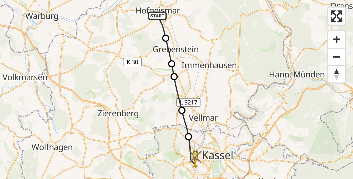 Flugroute Rettungshubschrauber Hofgeismar - Kassel, 15 Juni 2026, 09:47
